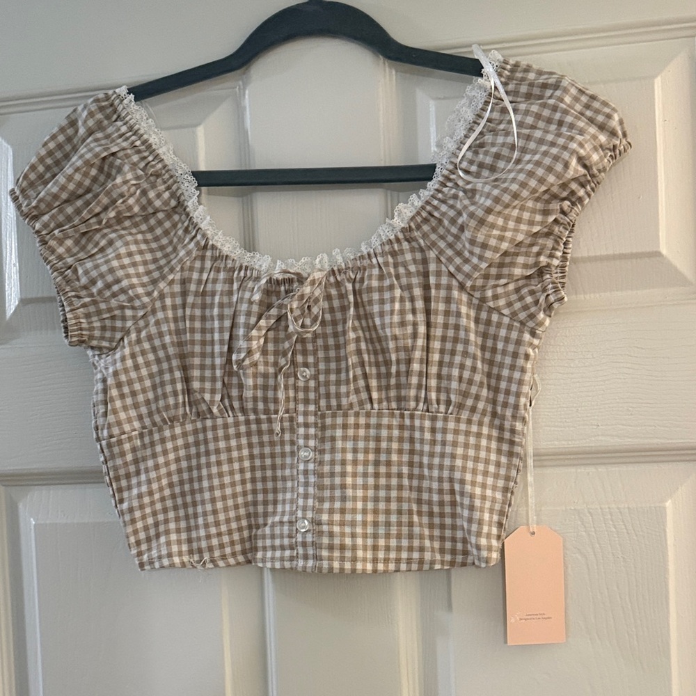 Dahl Gingham Lace-Trim Beige Crop Top